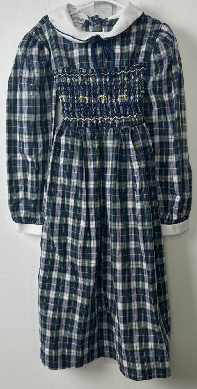 Vintage Polly Flinders Girls Navy Blue Plaid Hand Smocked Dress Size 6X. A5